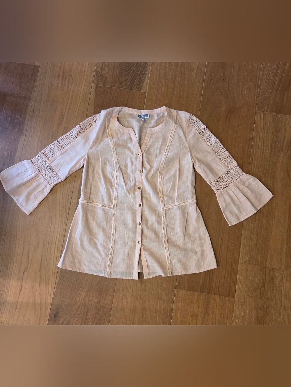 J.M. Collection Women's Size PM Peach Pink Crochet Accent Button Front Blouse